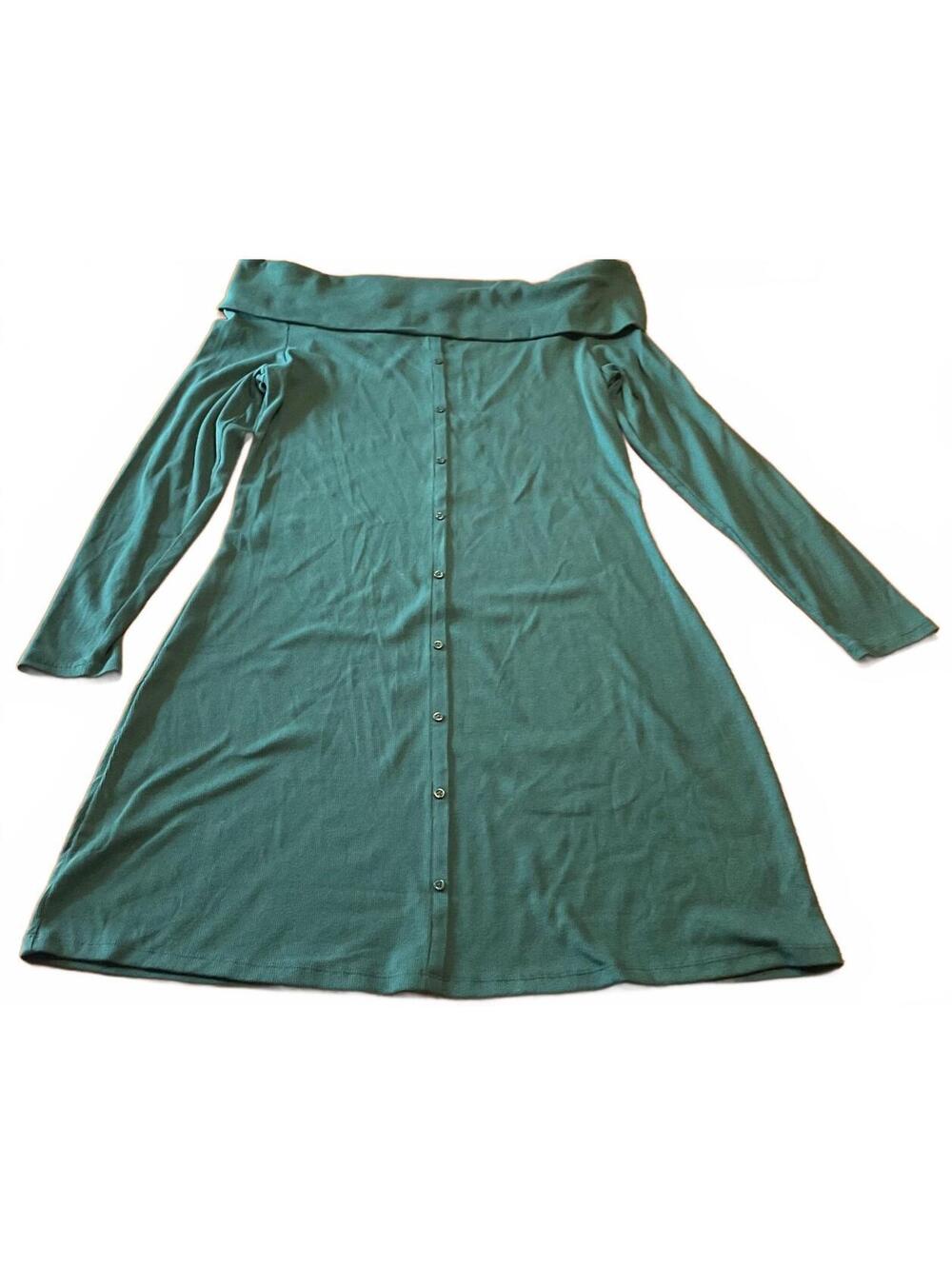 Dark Green Women’s Size XXL Ribbed Mini Dress Long Sleeve Button Accents